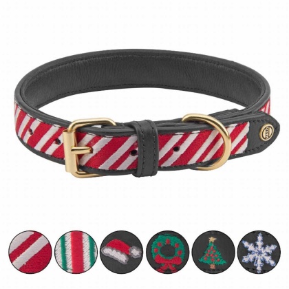 Leather with Candy Cane Embroidery - Halo Dog Collar  - XL