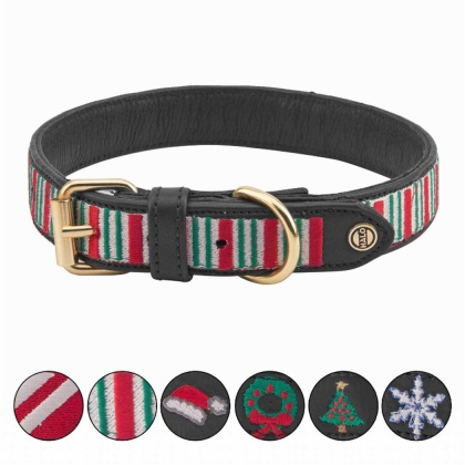 Leather with Christmas Stripes Embroidery - Halo Dog Collar  - S