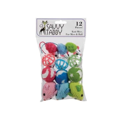 ST Knit Mice Fur Mice & Ball 12Pk