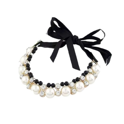 Black - Lovely Pearl Ribbon Necklace - Large