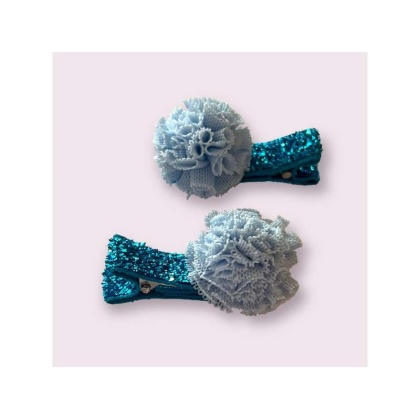 BLUE - Mini Tulle Pom Pom Dog Hair Barrettes