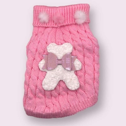 Terry Cloth Knit PomPom Bear Dog Sweater - Small