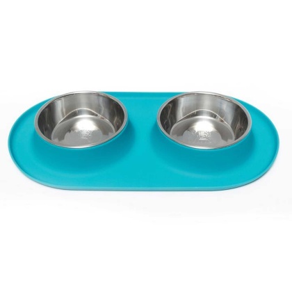 Blue - Messy Mutts Double Silicone Feeder with Stainless Bowls  - XL