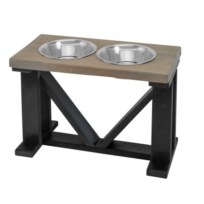 Farmhouse 2-Bowl Elevated Dog Feeder Grey Medium, Black Base