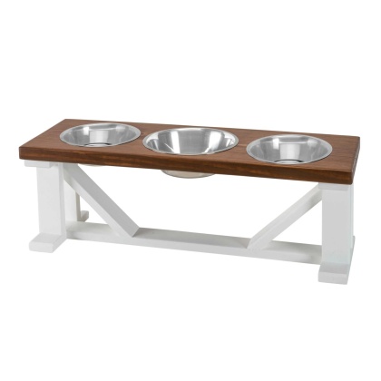 Farmhouse 3-Bowl Elevated Dog Feeder Chestnut Large, White Base