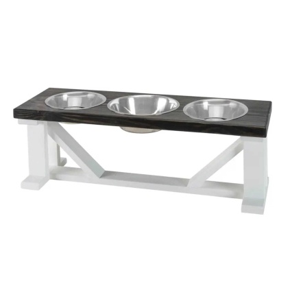 Farmhouse 3-Bowl Elevated Dog Feeder Ebony Large, White Base